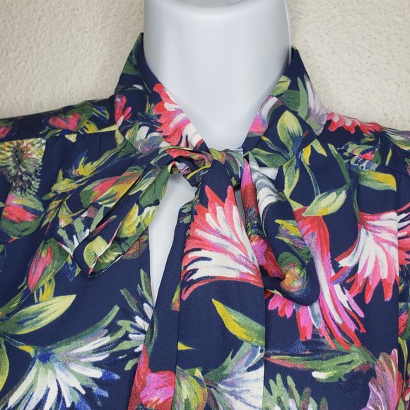 Jcrew Sz XS Tie-Neck Navy Floral Print Sheer Top Midi Dress (475) - Picture 7 of 10